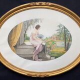 Painting (Art Deco, circa 1930) "Elegant to the fan and roses" signed André