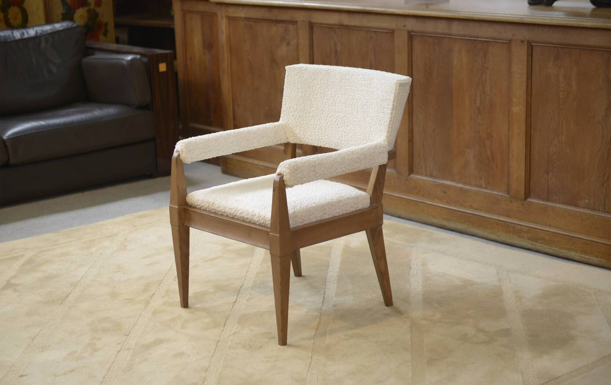 Art Deco modernist armchair in ash and cream boucle by Pierre Gouffé 1940s