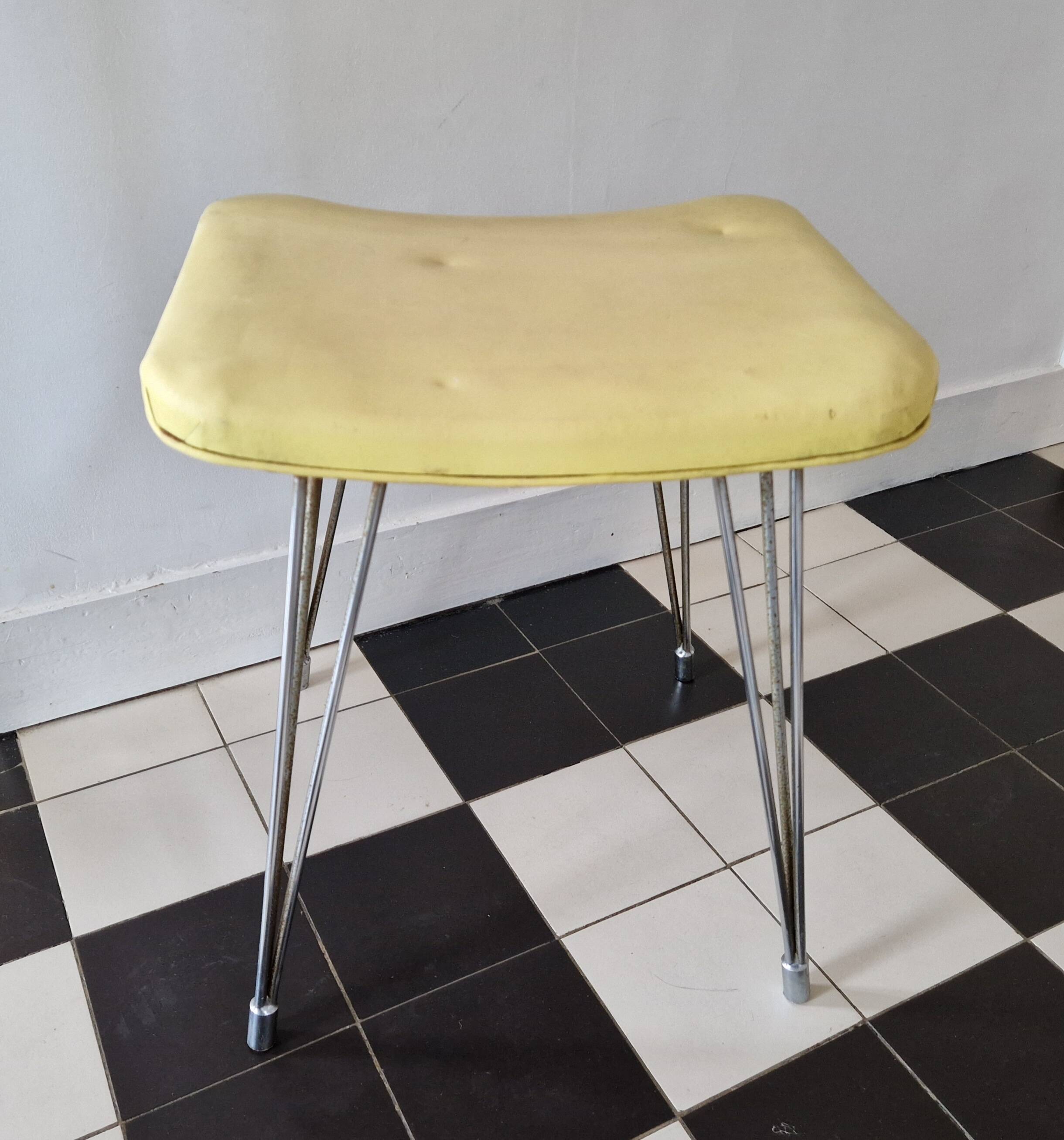 Vintage yellow leatherette stool from the 1950s