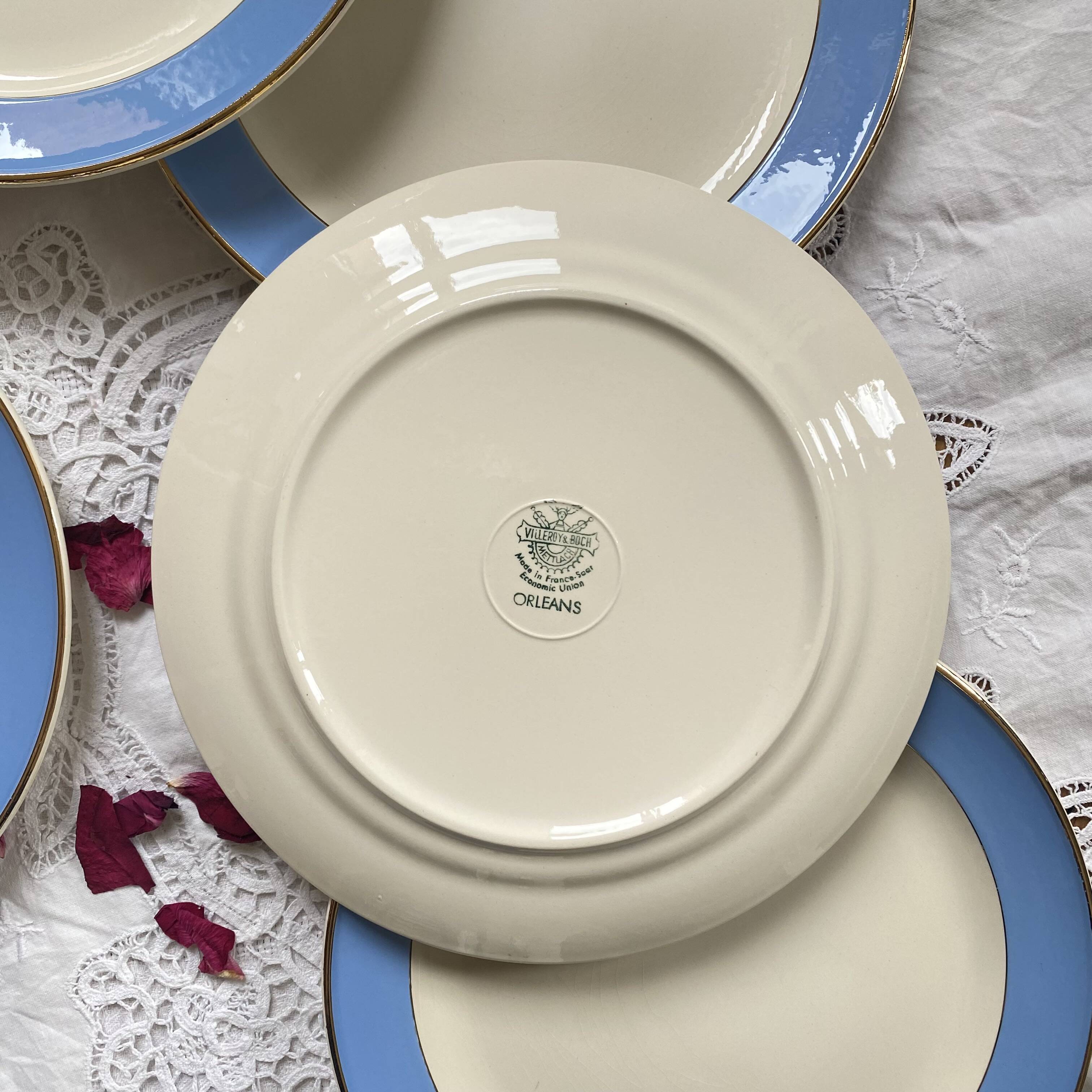 6 antique Villeroy & Boch blue and gold earthenware dinner plates