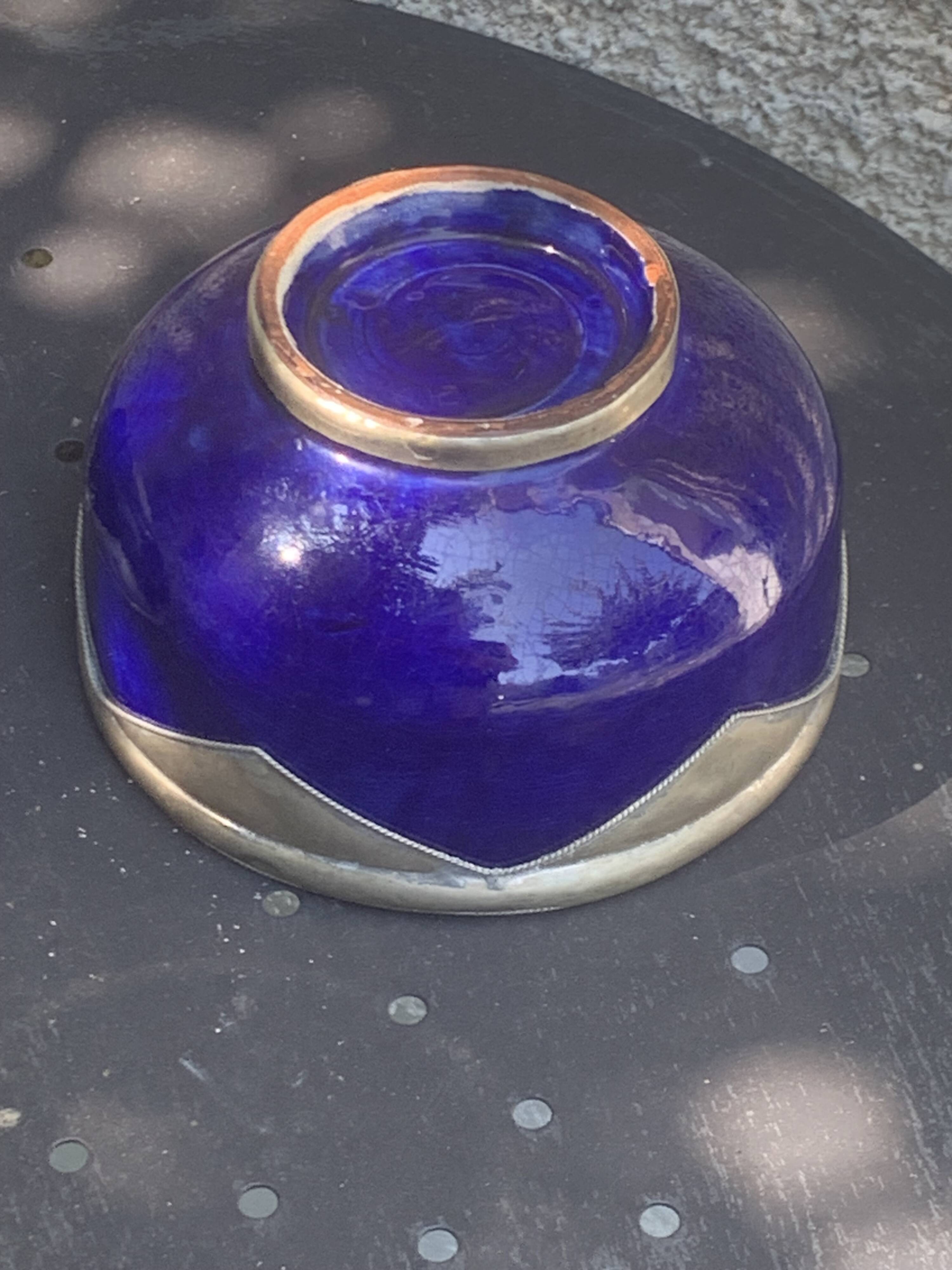 Two blue glazed ceramic and tin bowls, handmade, vintage oriental