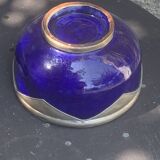 Two blue glazed ceramic and tin bowls, handmade, vintage oriental