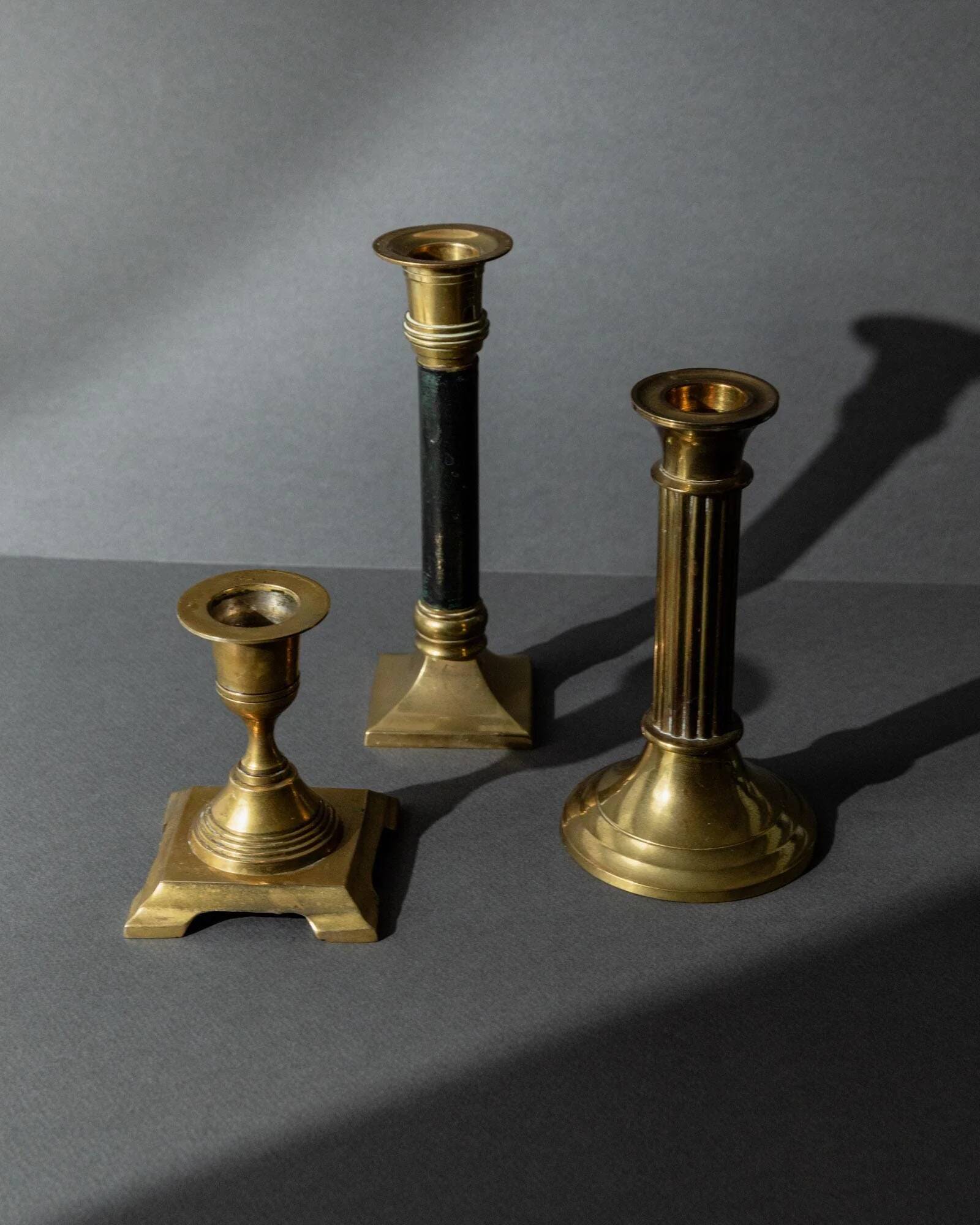 Lot of 3 vintage brass candlesticks from the 1940s, various shapes, classic antique design, retro table decoration, elegant gift idea.