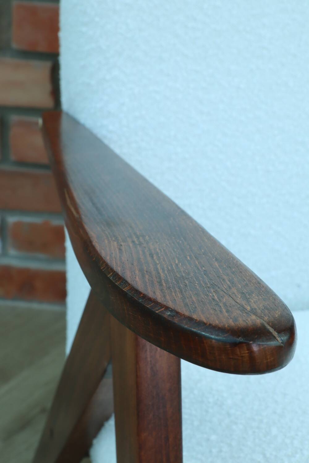 Vintage armchair mid century modern design white boucle dark walnut wood colour 1970 restored chair