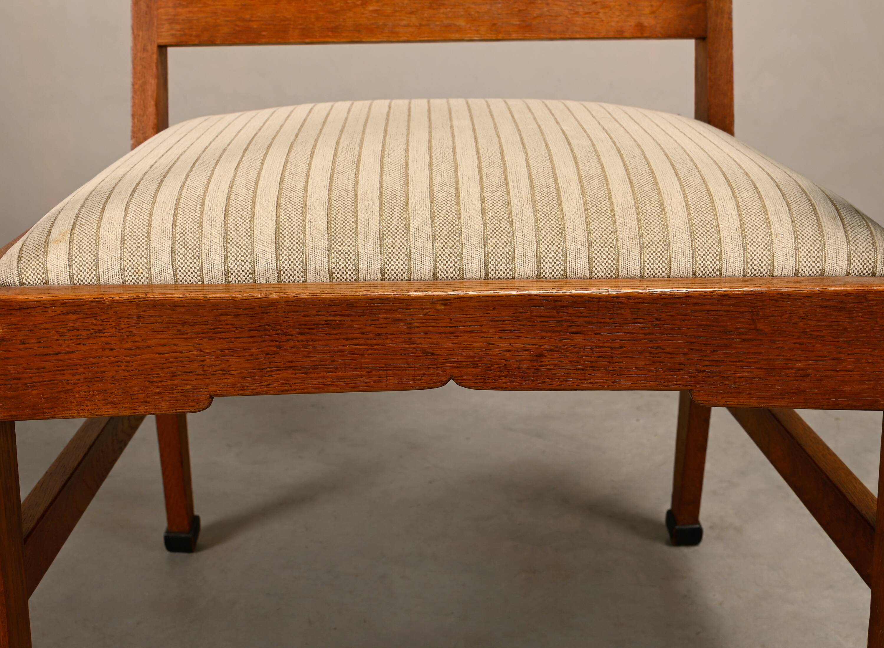 Dutch Art Deco Amsterdam School Armchairs in solid Oak and striped fabric