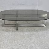 Coffee table with steel base and smoked glass slab. Circa 197