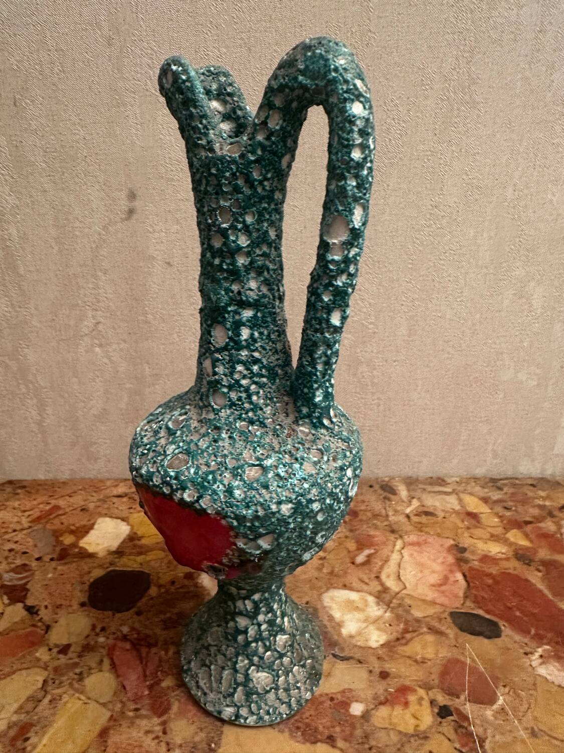 Pitcher/ Ceramic vase sea foam green and red glazed