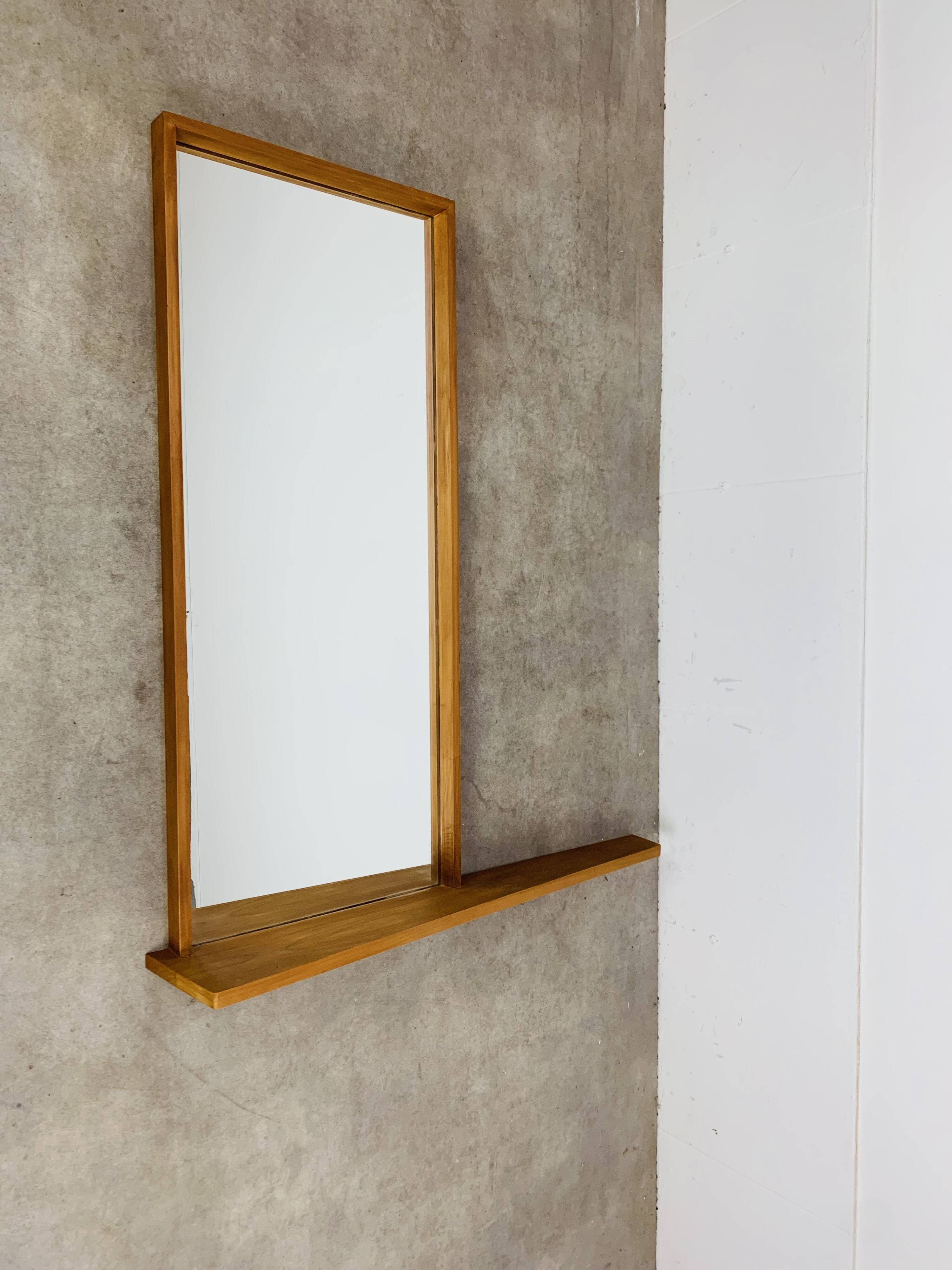 Scandinavian mirror with asymmetrical shelf in wood, 1960s