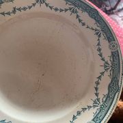 3 flat plates in ironstone with a green floral border