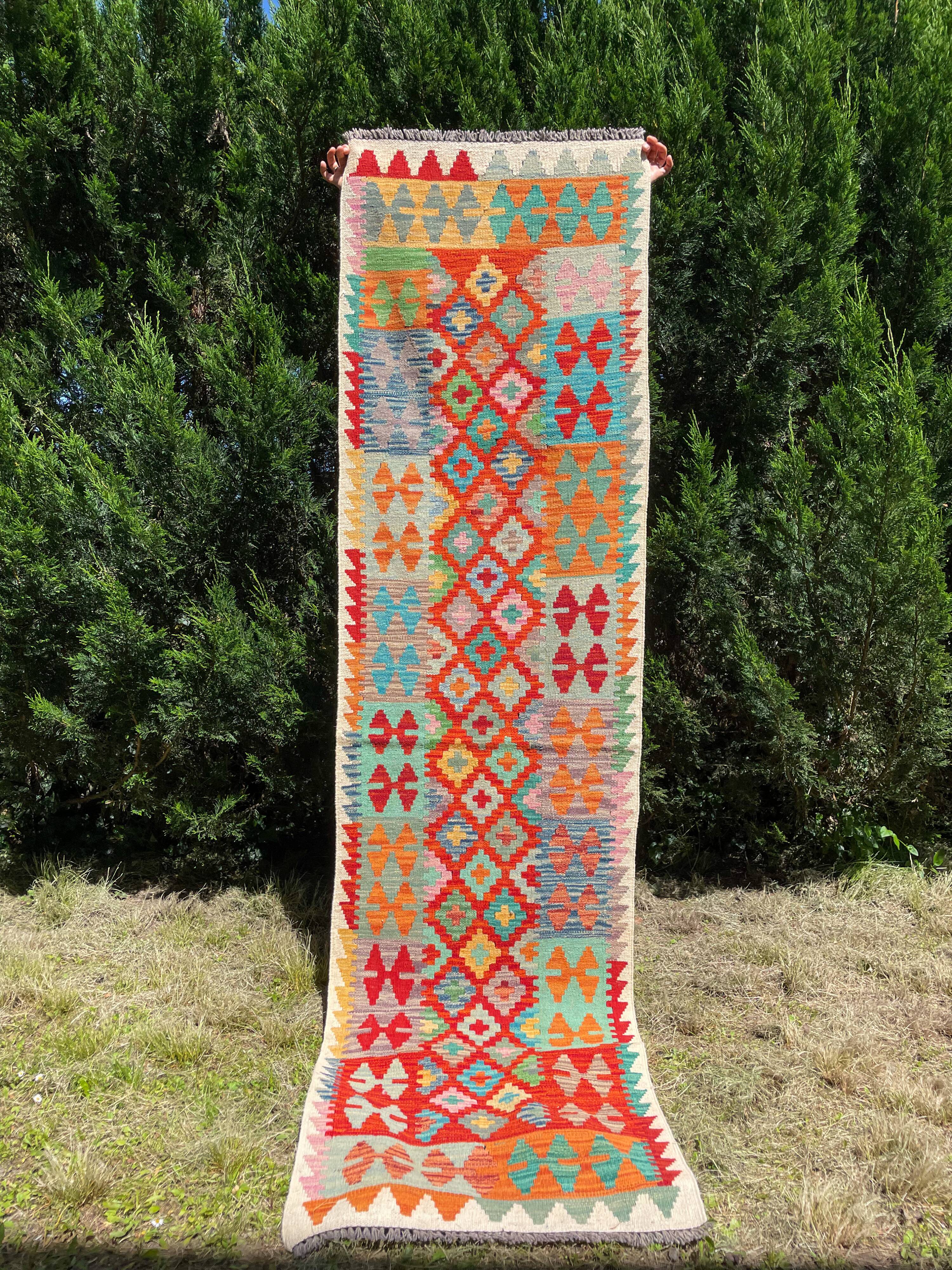 Afghan hallway kilim carpet colored red orange multicolor