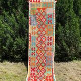 Afghan hallway kilim carpet colored red orange multicolor