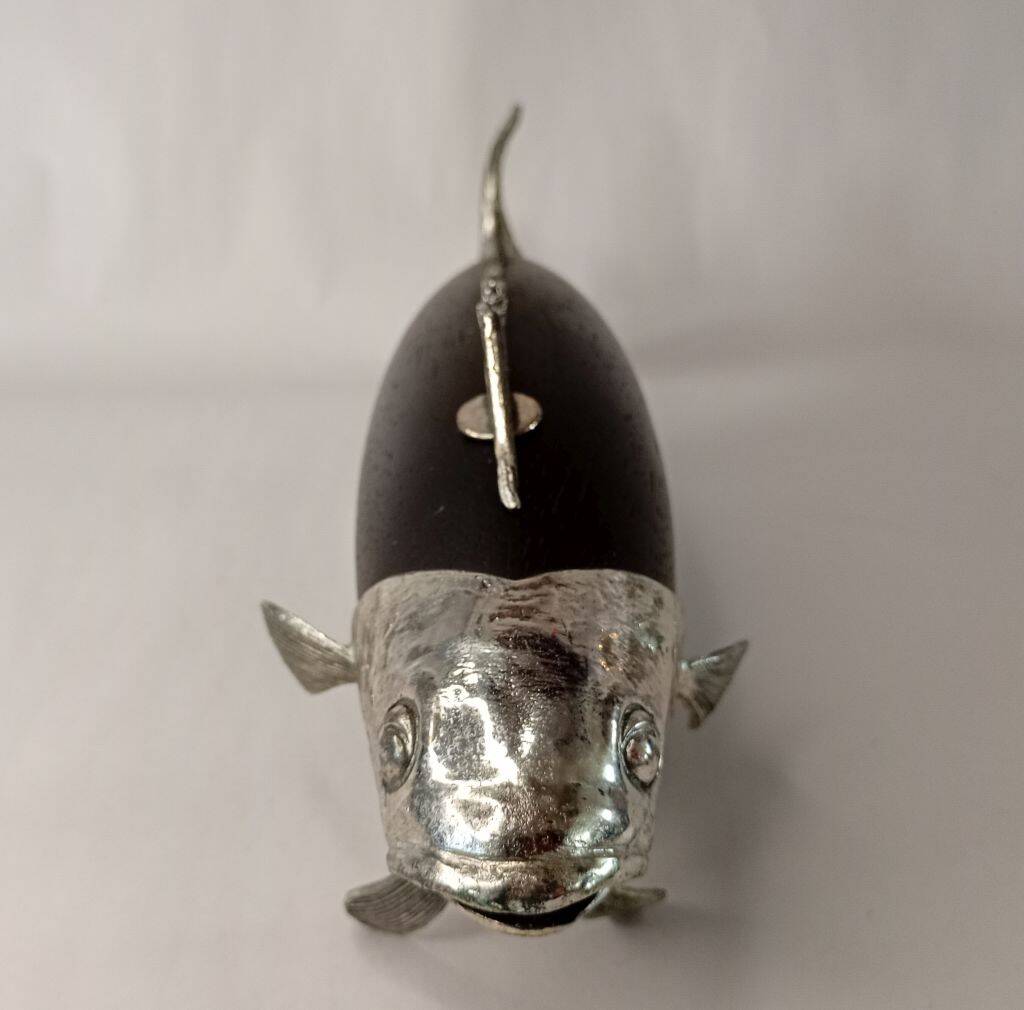 Italian Tre Spade Fish Shaped Rose Wood & Silverplate Pepper Mill or Grinde