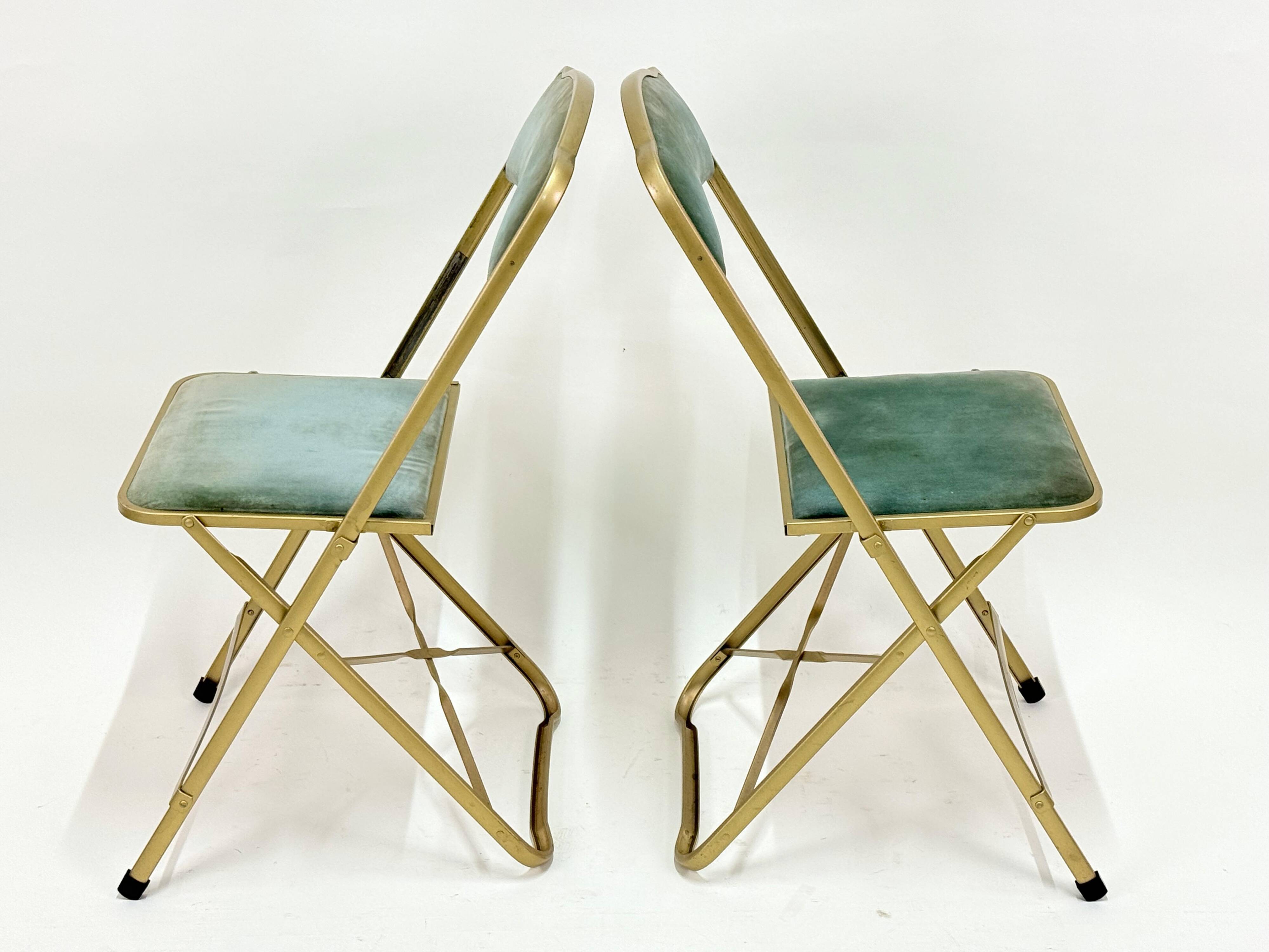 Old pair of chaisor folding chairs - metal & velvet - vintage 60's 70's