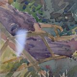 Watercolor Signed Emile Rondinet, woman resting in a Framed Garden