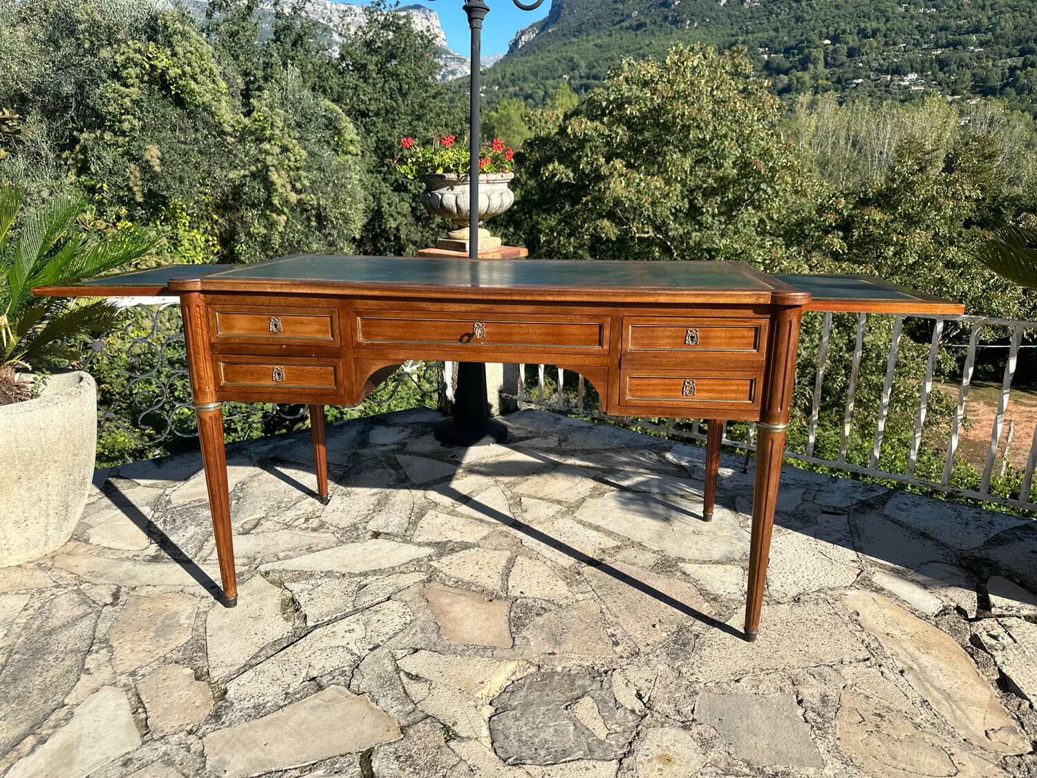 Louis XVI style solid mahogany and bronze flat desk, 19th century