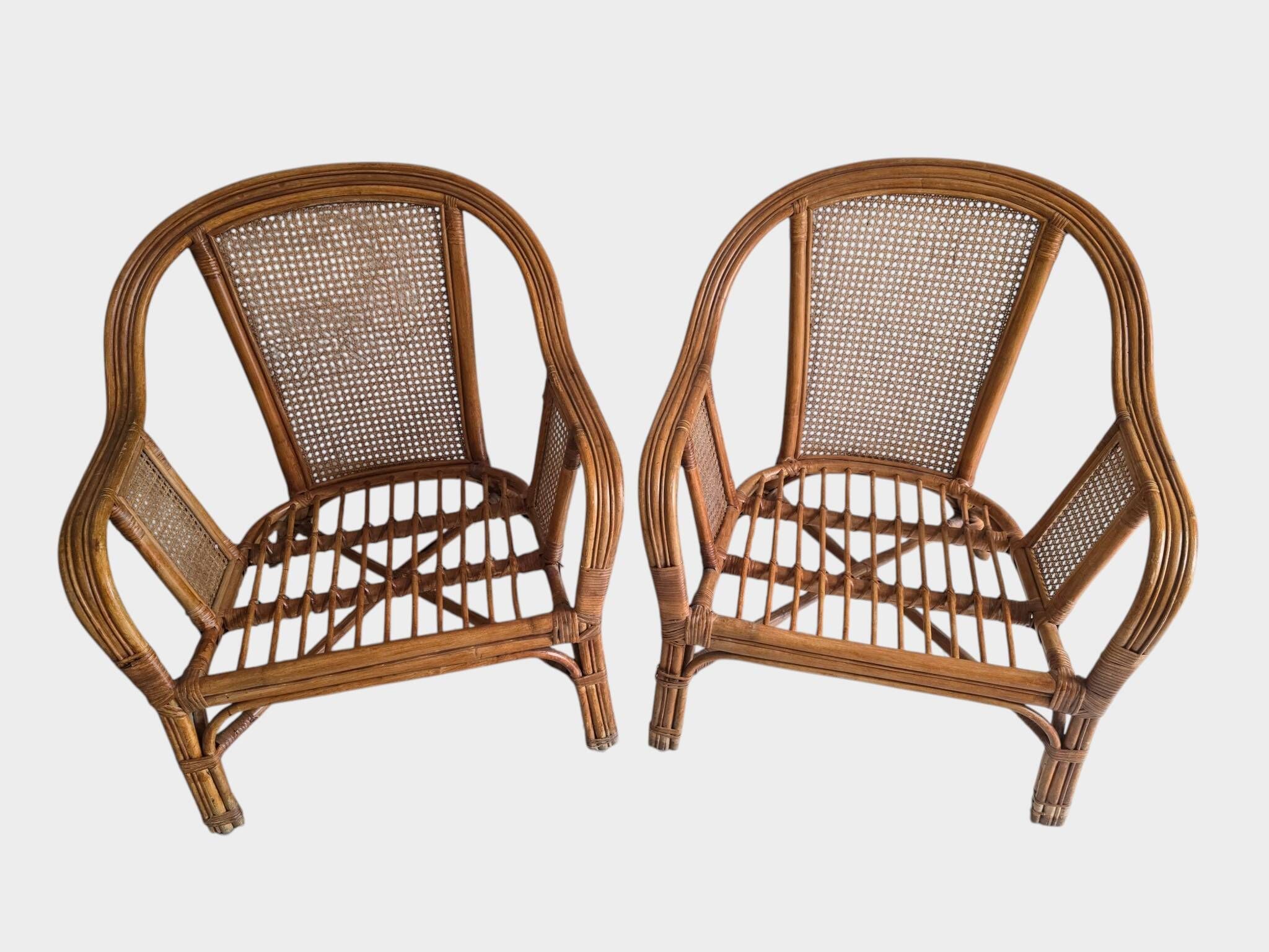Pair of vintage rattan and cane armchairs – 1960s/70s Pair of f