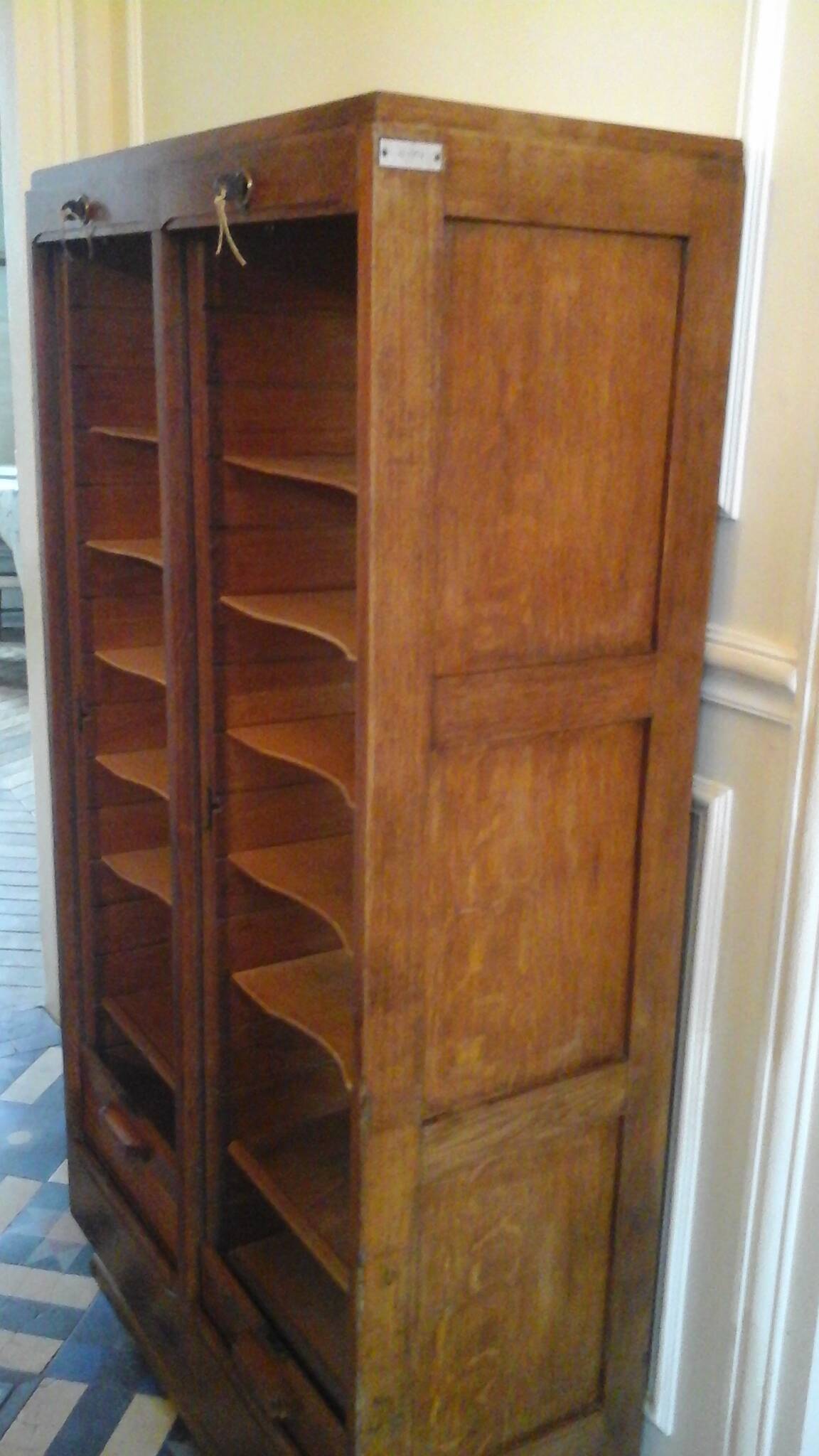Double oak curtained filing cabinet