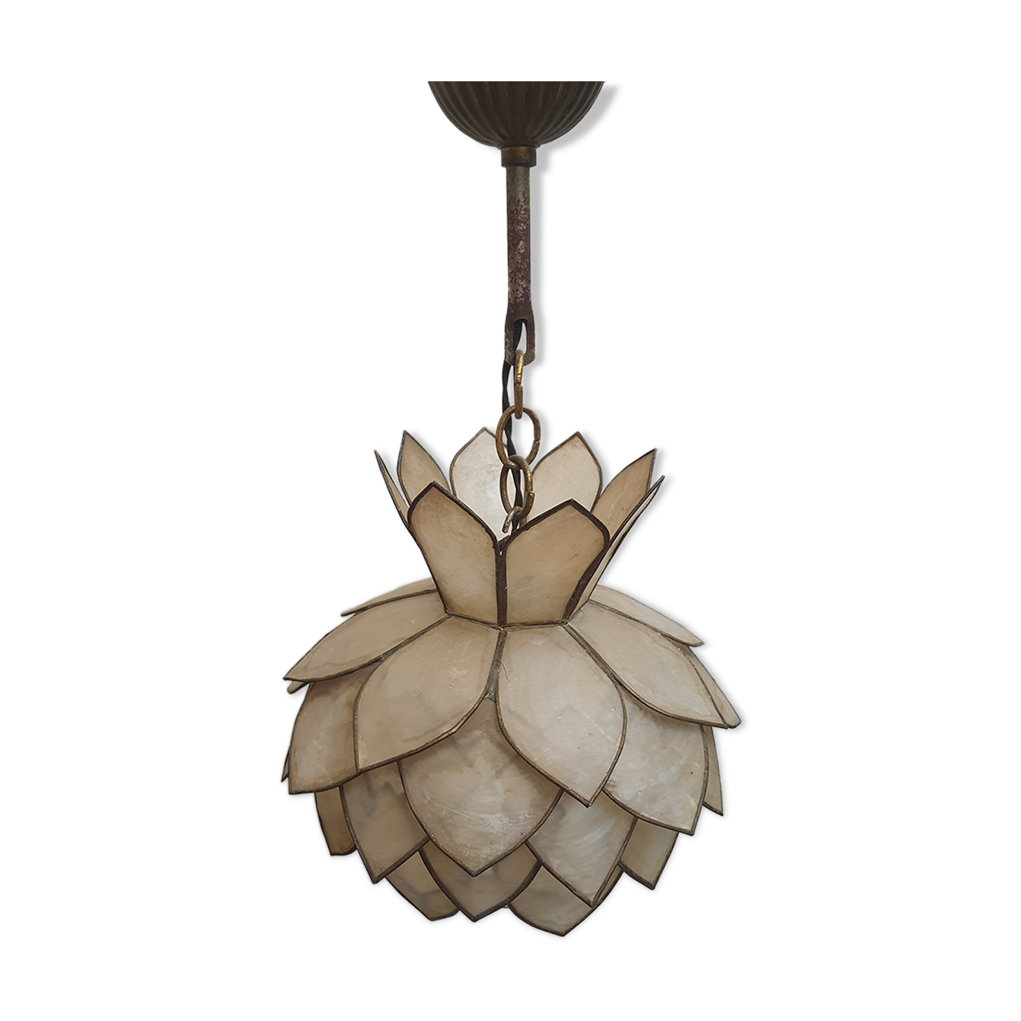 Hanging lamp of lotus flower in mother-of-pearl and brass
