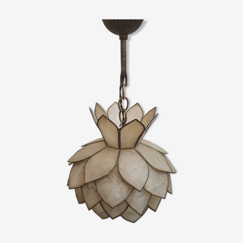 Hanging lamp of lotus flower in mother-of-pearl and brass