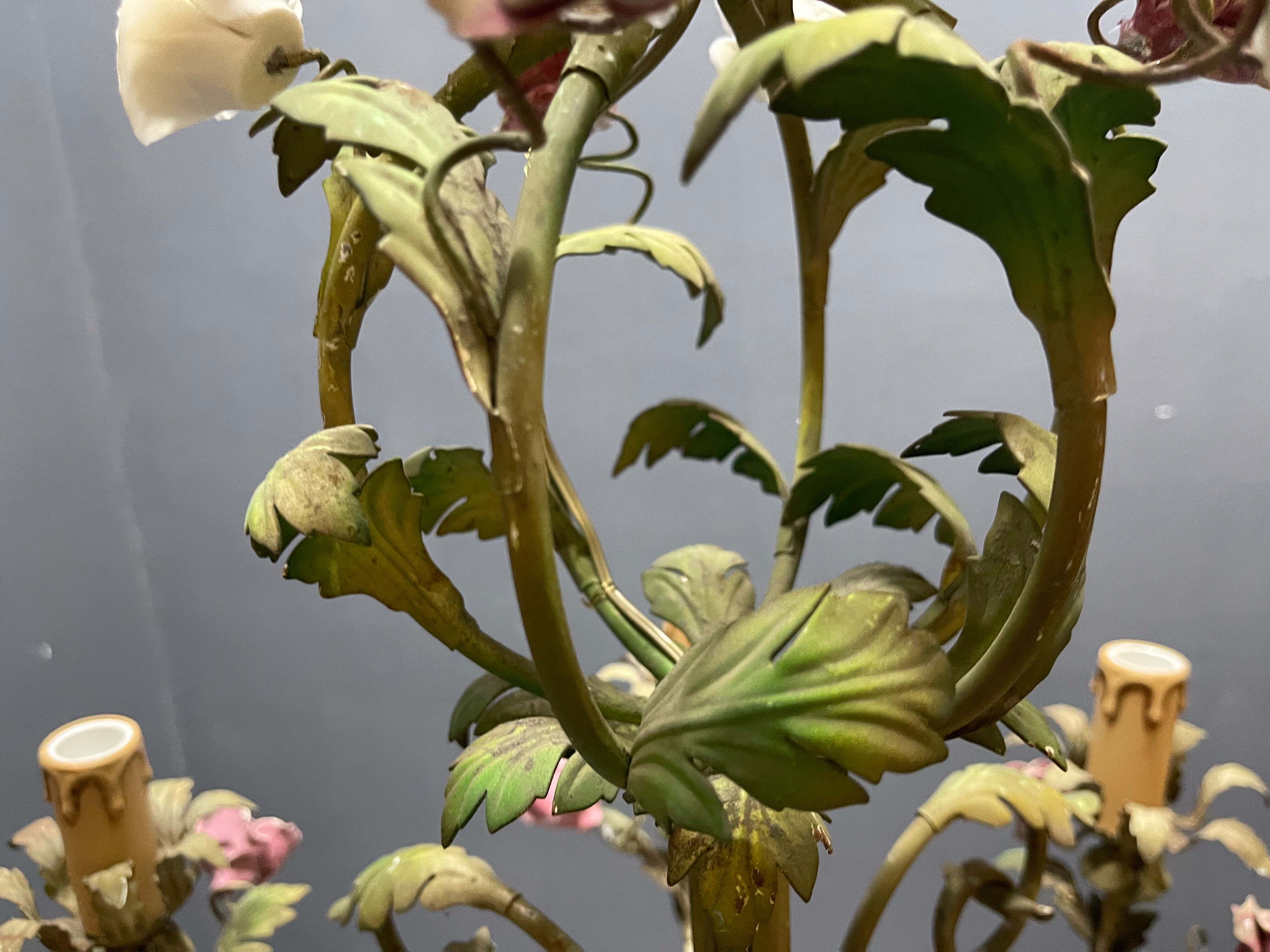 Italian Florentine Tole and Ceramic Flower Chandelier, 1950s