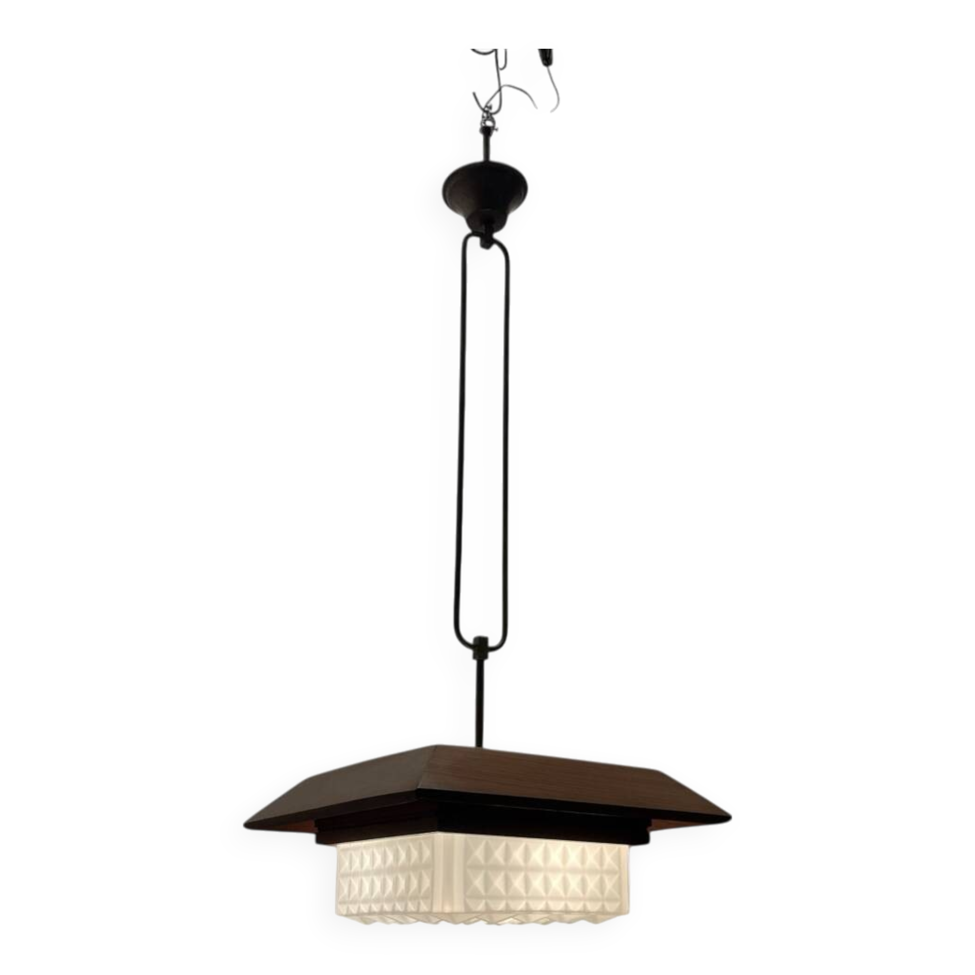 1950s Wood, Bronze & Opaline Glass Pendant Light