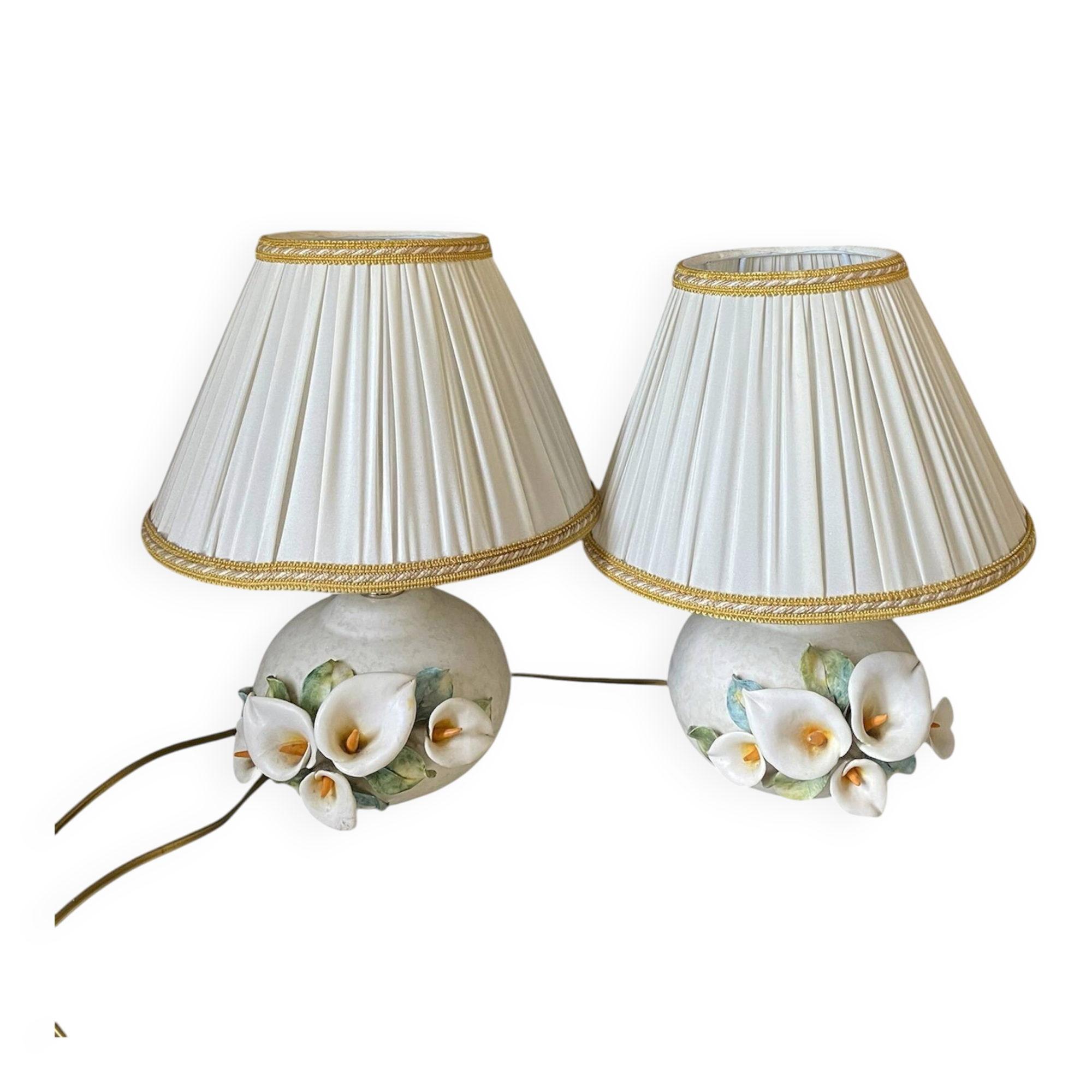 Pair of bedside lamps, vintage floral ceramic by Nazareno Picciotti, Deruta Italie