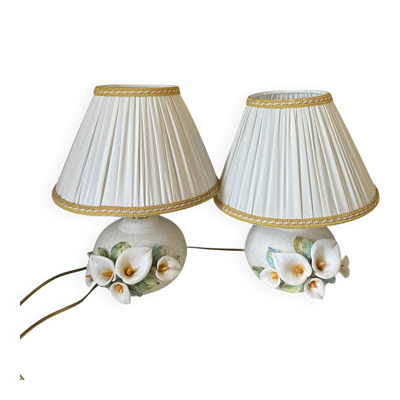 Paire de lampes de chevet, céramique florale vintage de Nazareno Picciotti, Deruta Italie