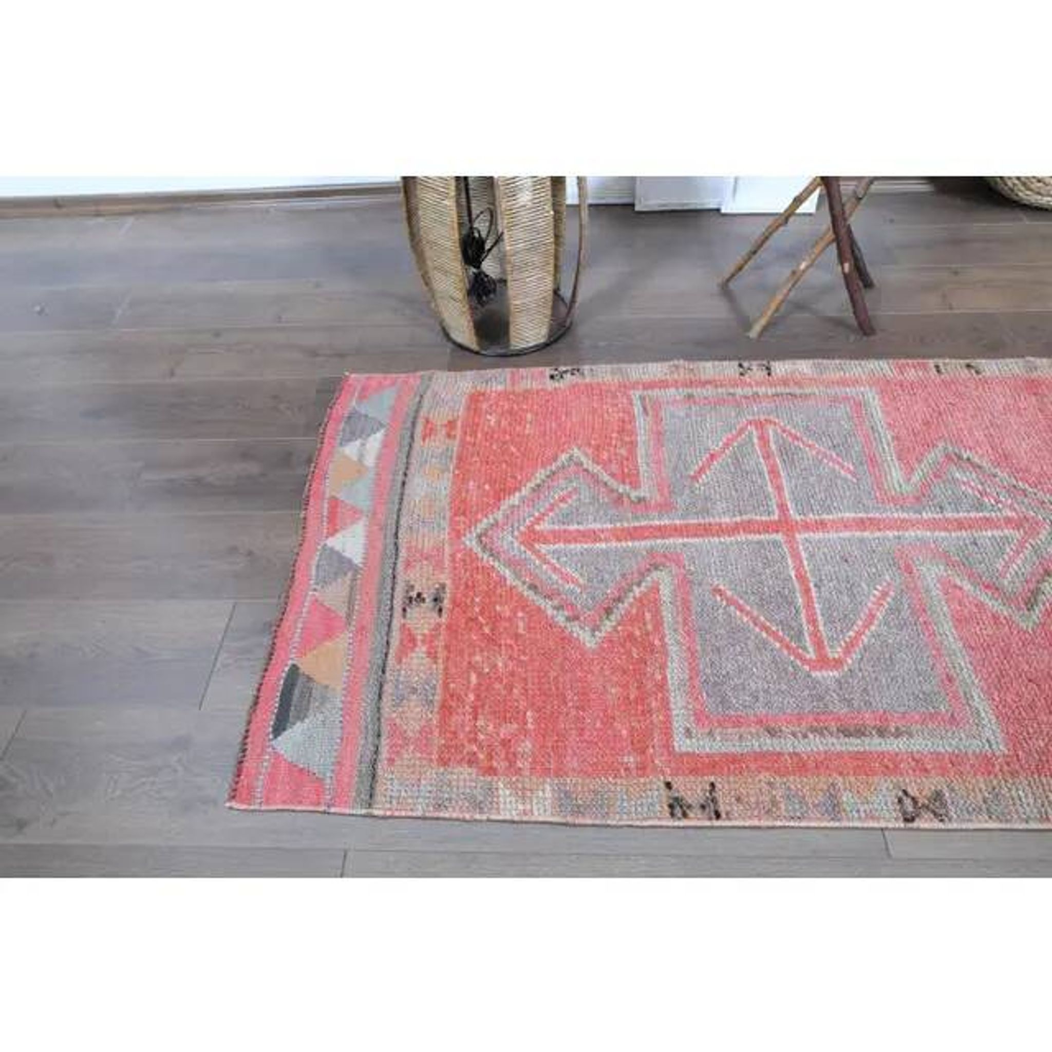 1970s Vintage Turkish Oushak Handmade Wool Cotton Pink Runner Rug 93X323