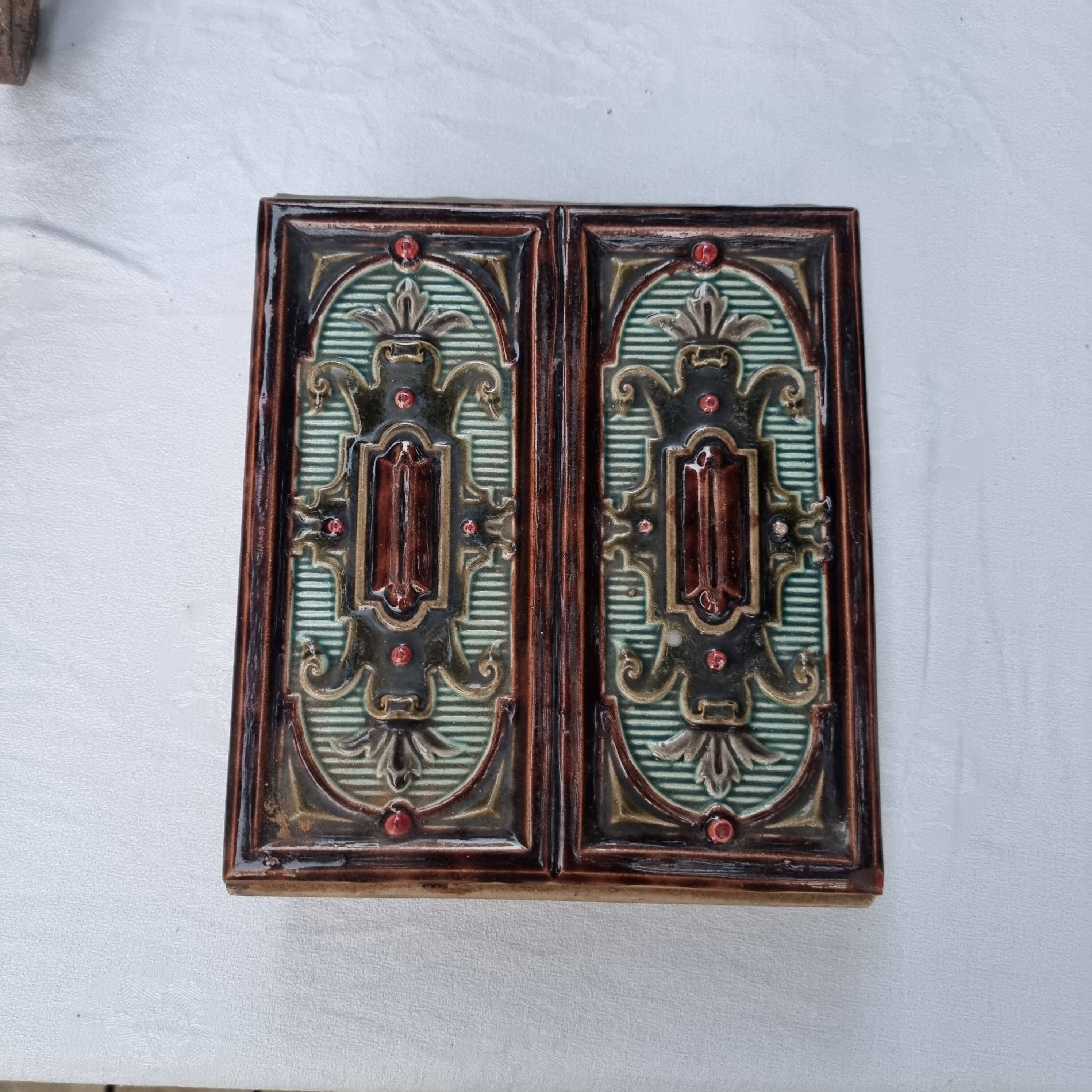 Antique Art Nouveau glazed earthenware tile from the 19th century