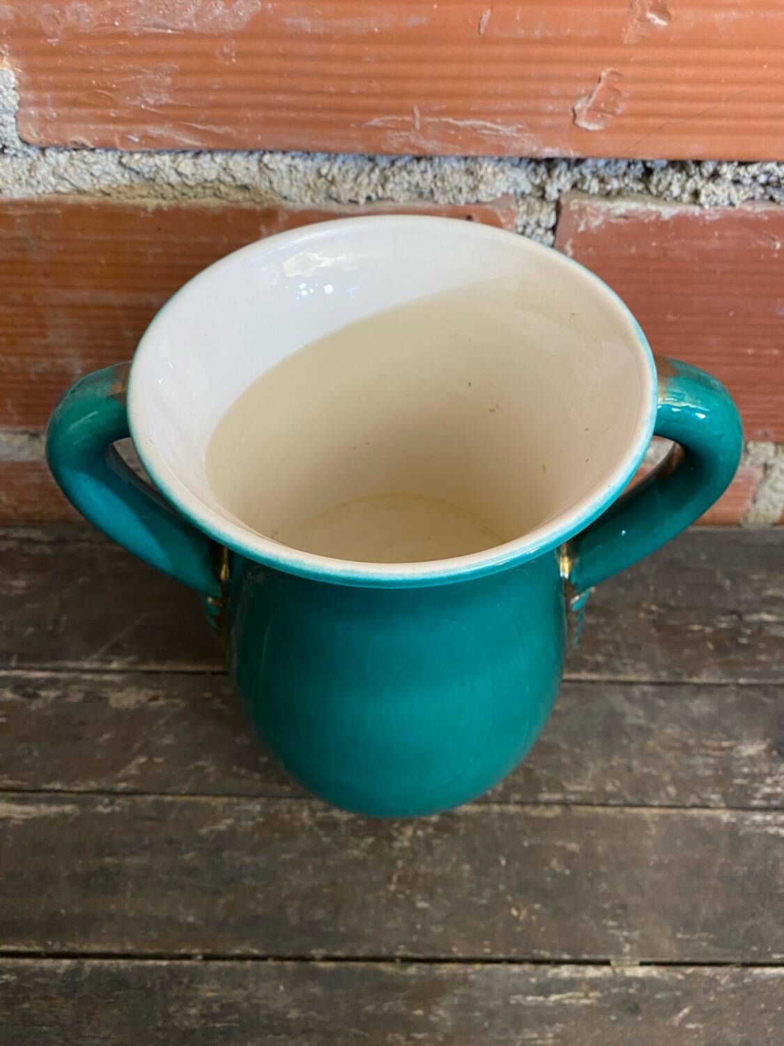 Vintage Green & Gold Ceramic ARC Vase Made in France #D777