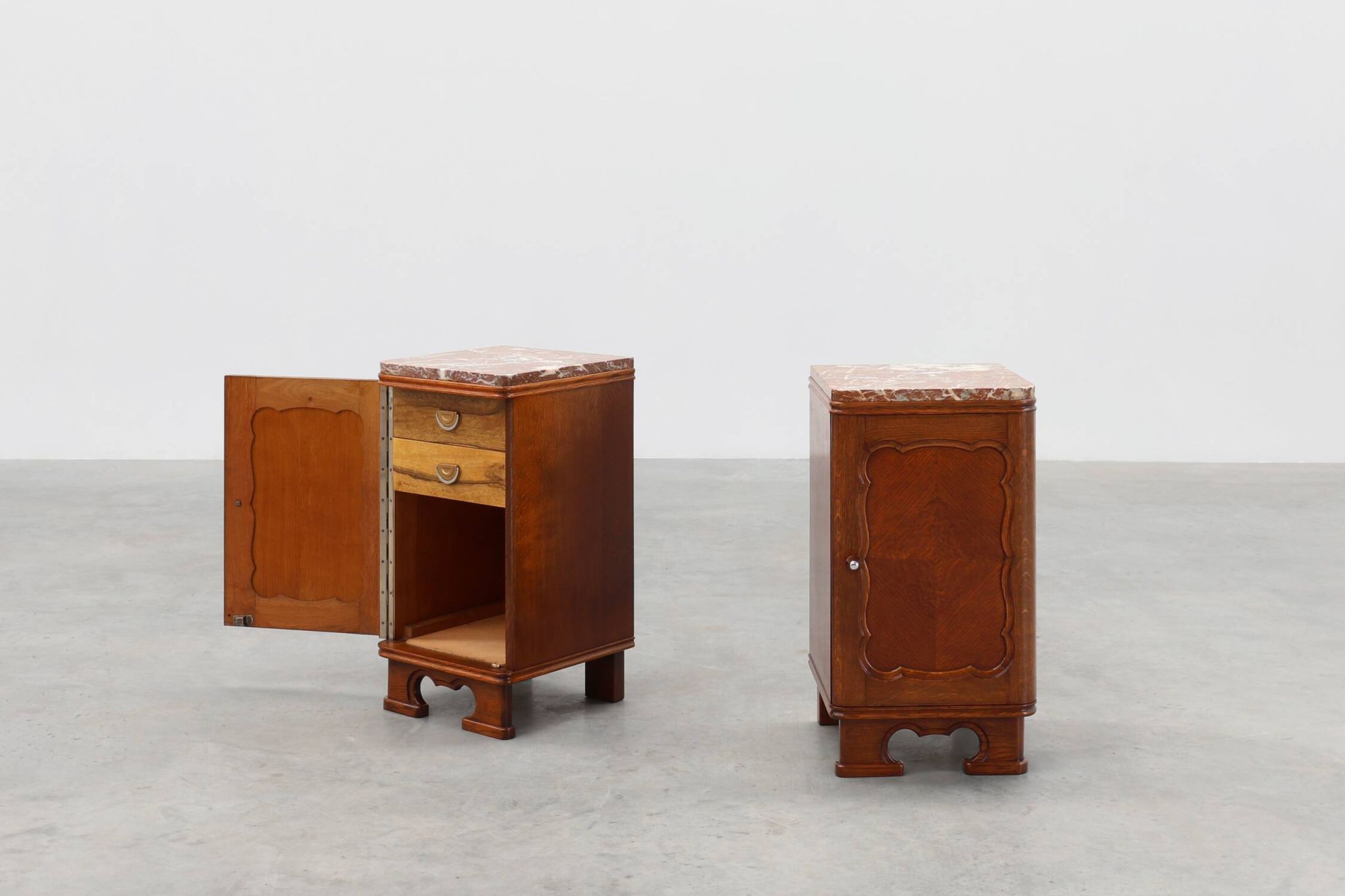 Pair of Art Deco nightstands in oak with marble top, France ca. 1925
