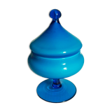 Covered pot on foot in vintage blue opaline