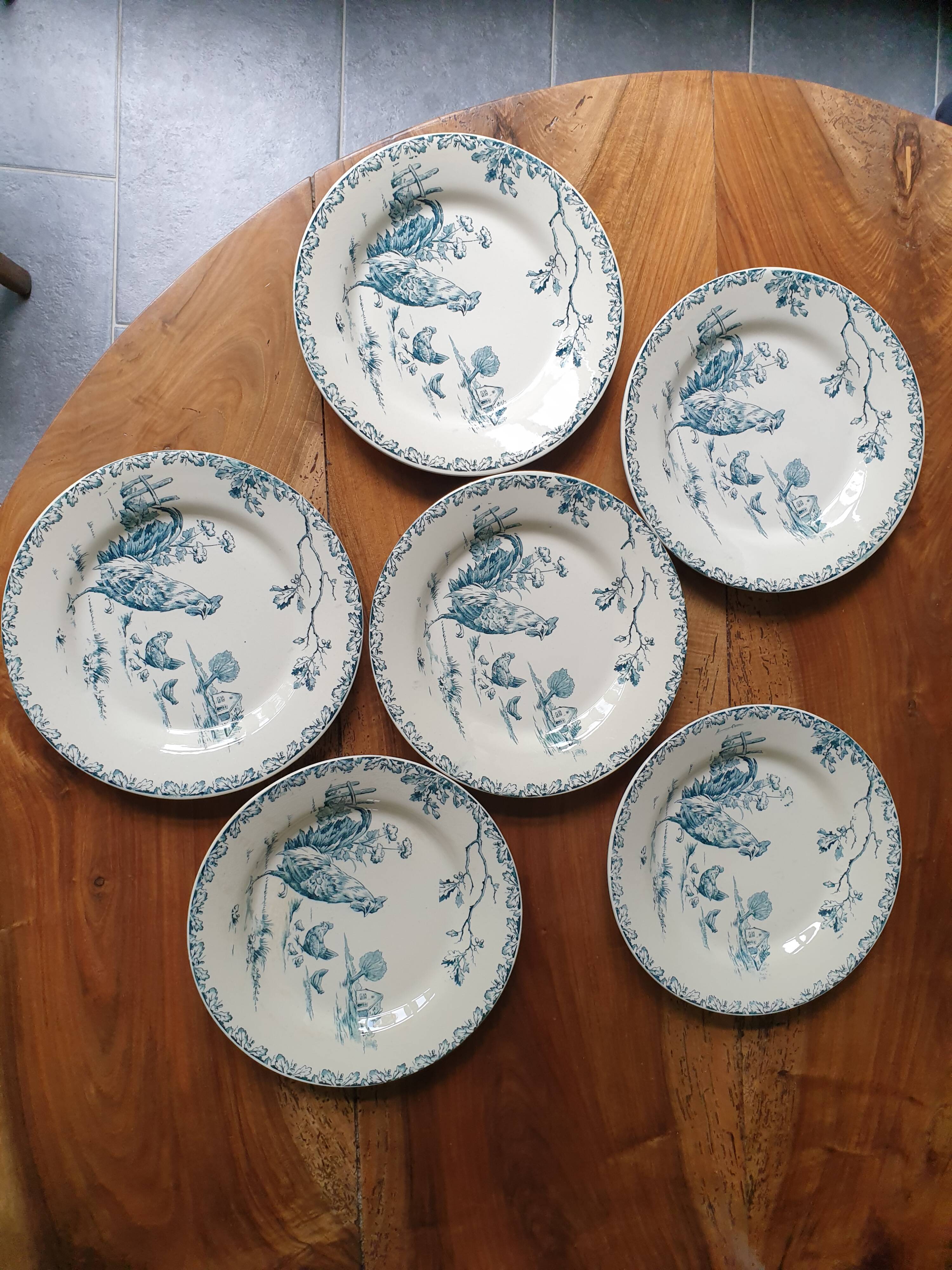 6 plates Gien Terre de Fer series "rooster"