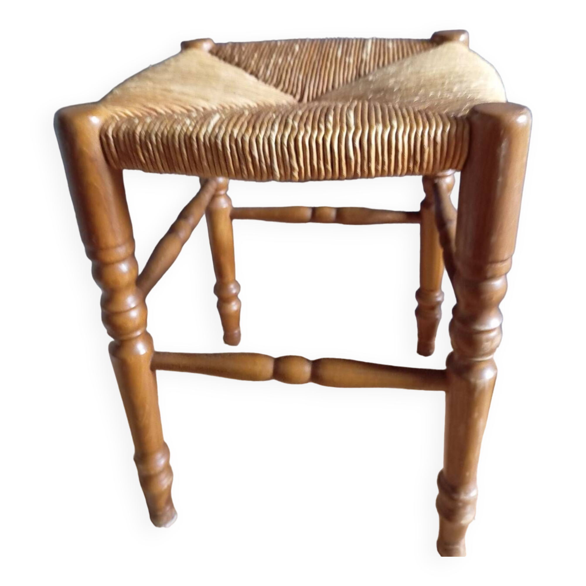 Turned wood stool, straw seat, vintage countryside