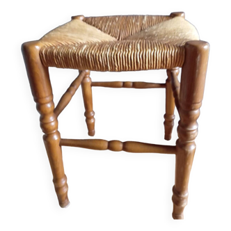Turned wooden stool, mulched seat, vintage countryside