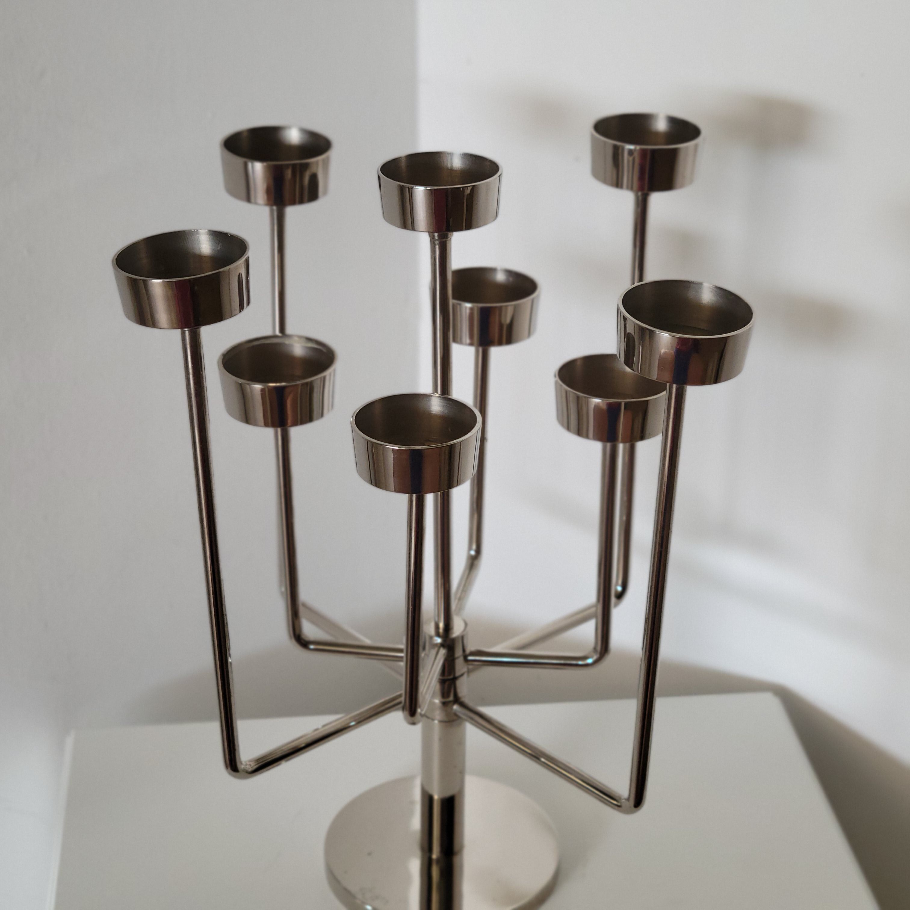 Candle holder with 9 branches in chrome-plated metal