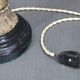 1940s restored brass table lamp with wooden base and glass shade