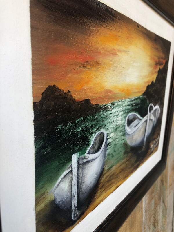 Tableau huile antoine barques bord de mer + cadre bois doré #a220