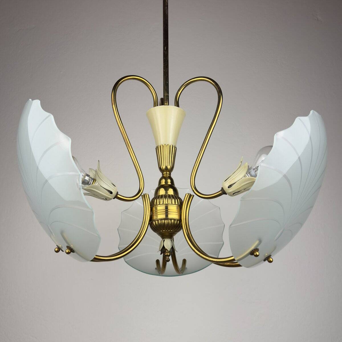 Antique brass and glass chandelier in the style of Pietro Chiesa for Fontana Arte, Italy, 1930s.