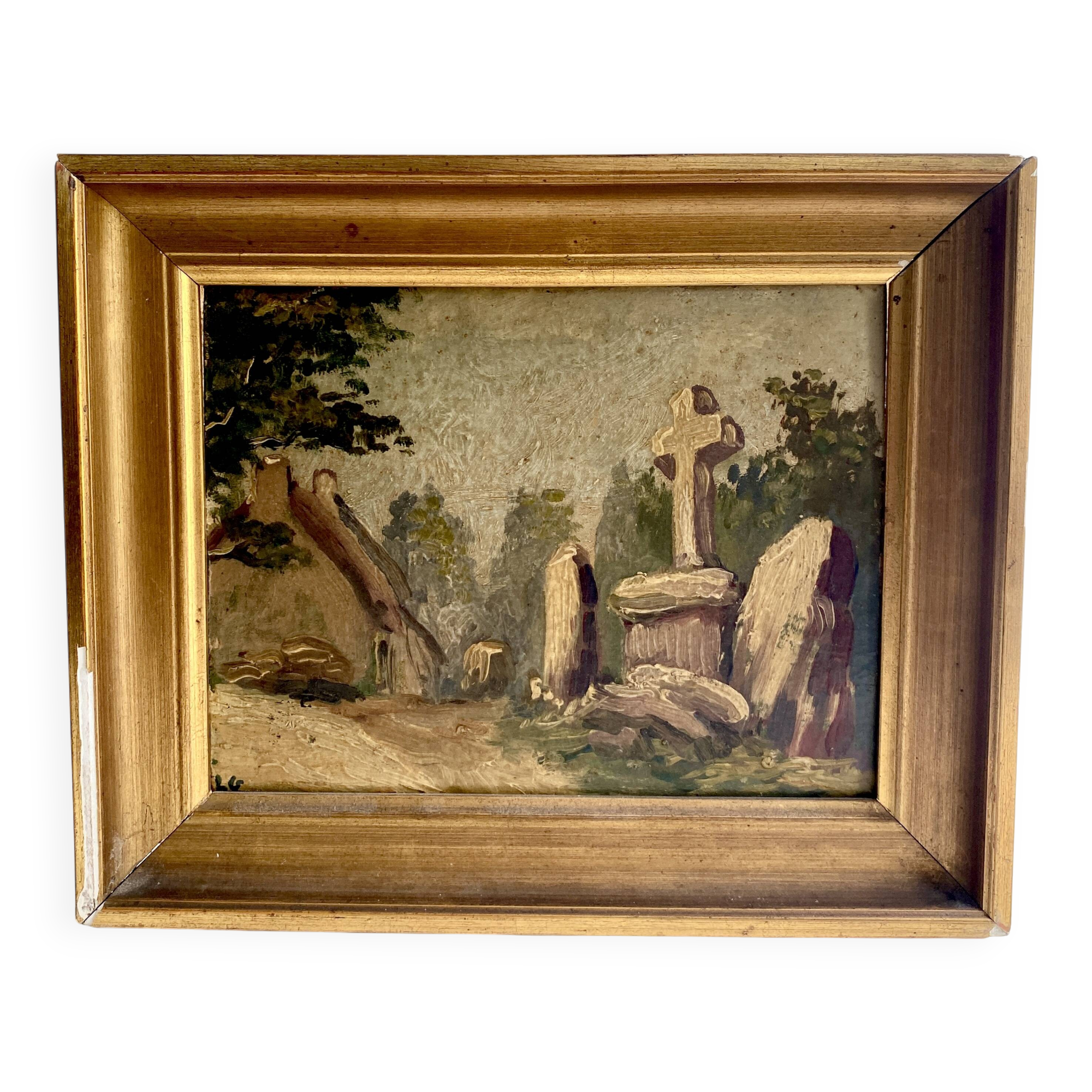 Oil on cardboard 19th century “the cross” wood and plaster frame