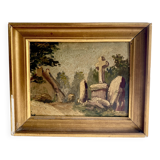 Oil on cardboard 19th century “the cross” wood and plaster frame