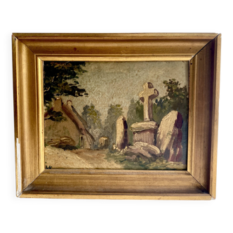 Oil on cardboard 19th century “the cross” wood and plaster frame