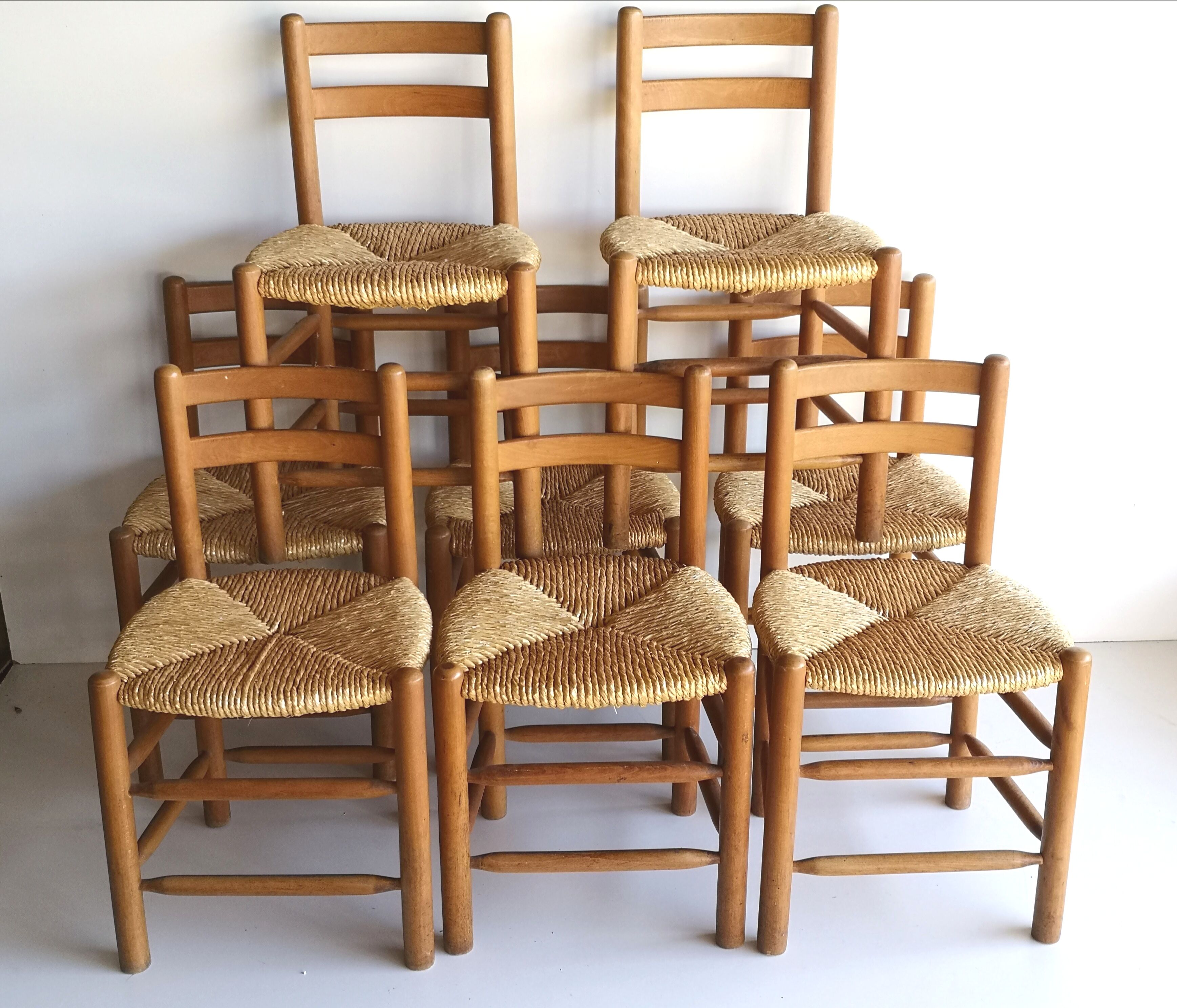 Set de 8 chaises paillées, années 60