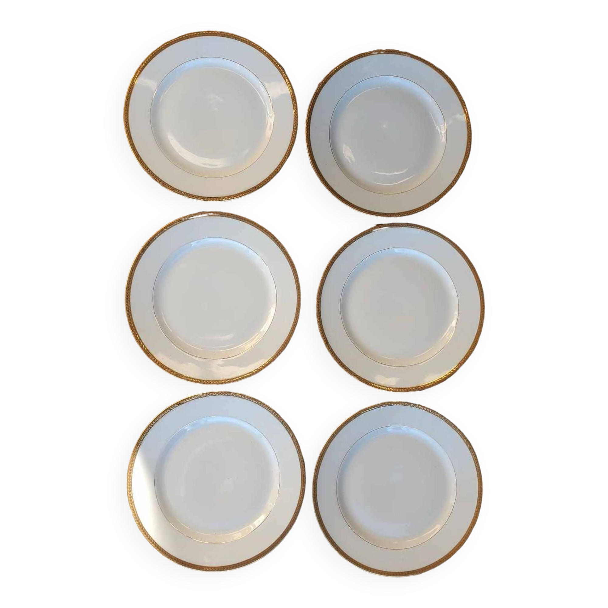 Set of 6 porcelain dinner plates with golden ear edging