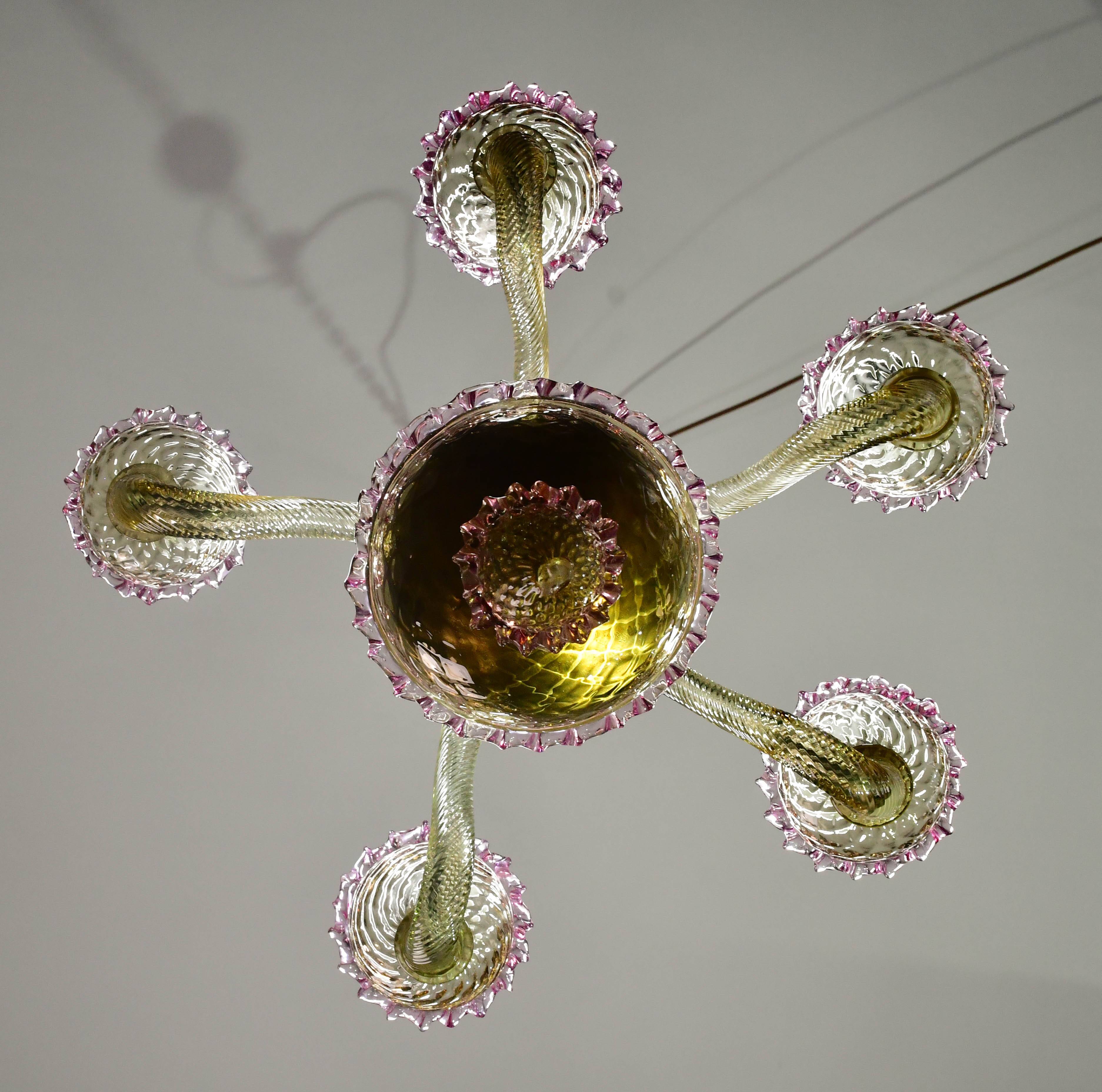 Pretty Venetian chandelier, pink and gold glass, 1950s