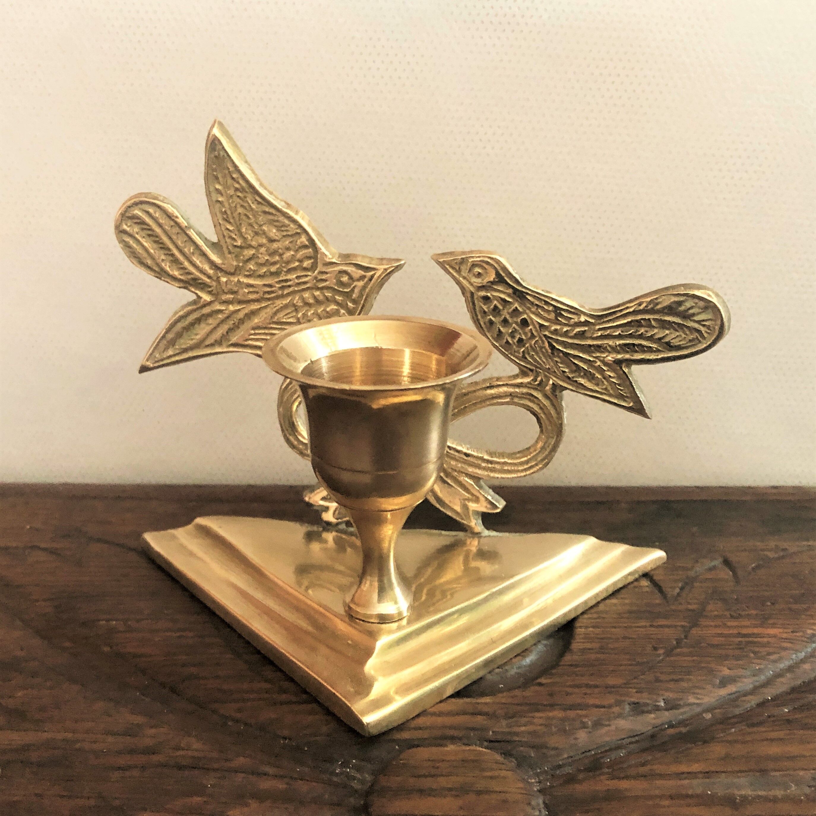 Bougeoir laiton doré décor oiseaux