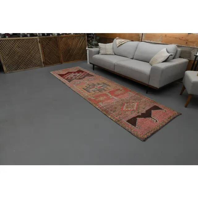 1970s Vintage Turkish Oushak Handmade Wool Cotton Pink Runner Rug 94x311