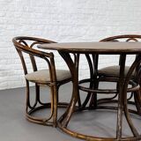Round Oak Dining Table and Rattan Armchairs, Set of 5