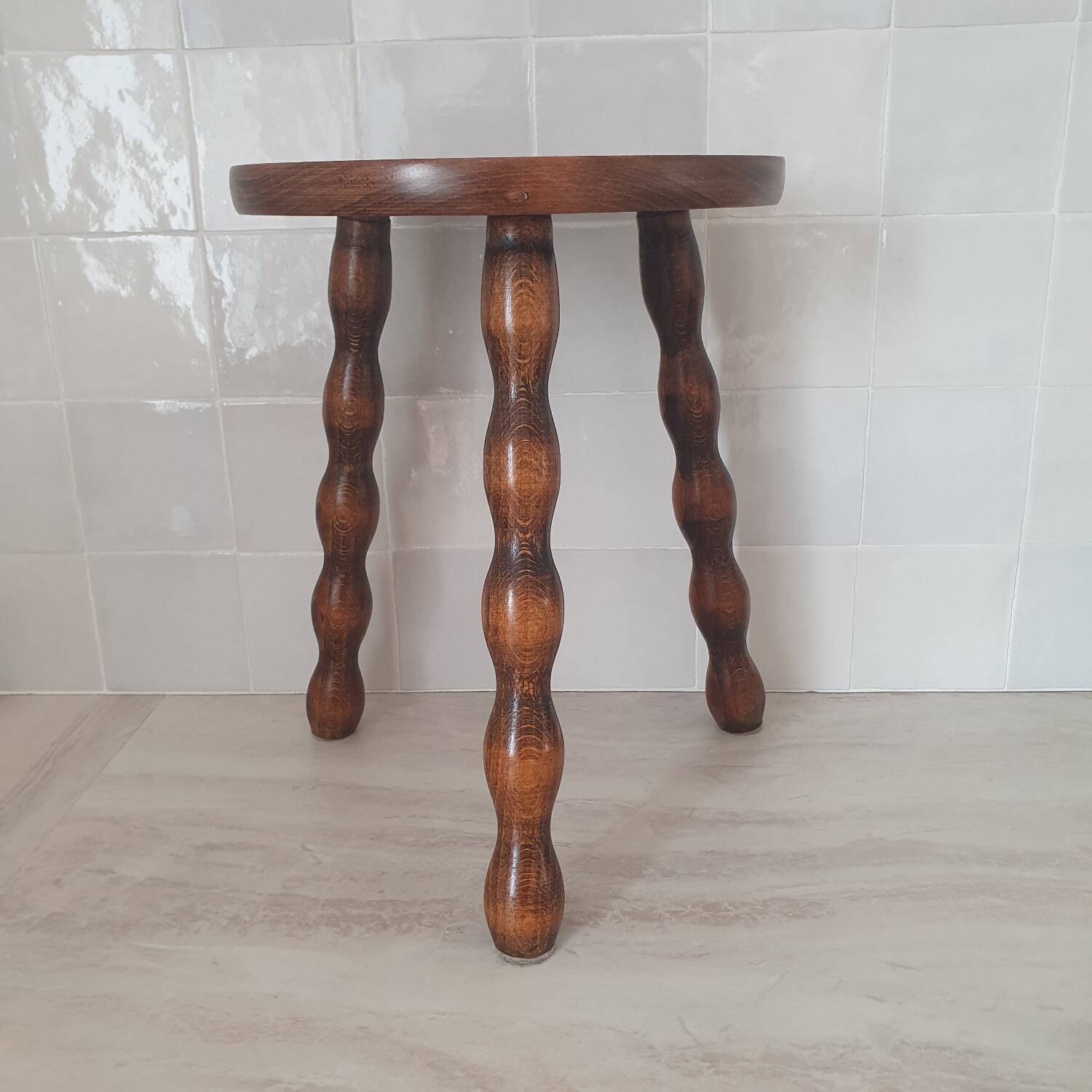 Turned wooden stool / tripod with round seat