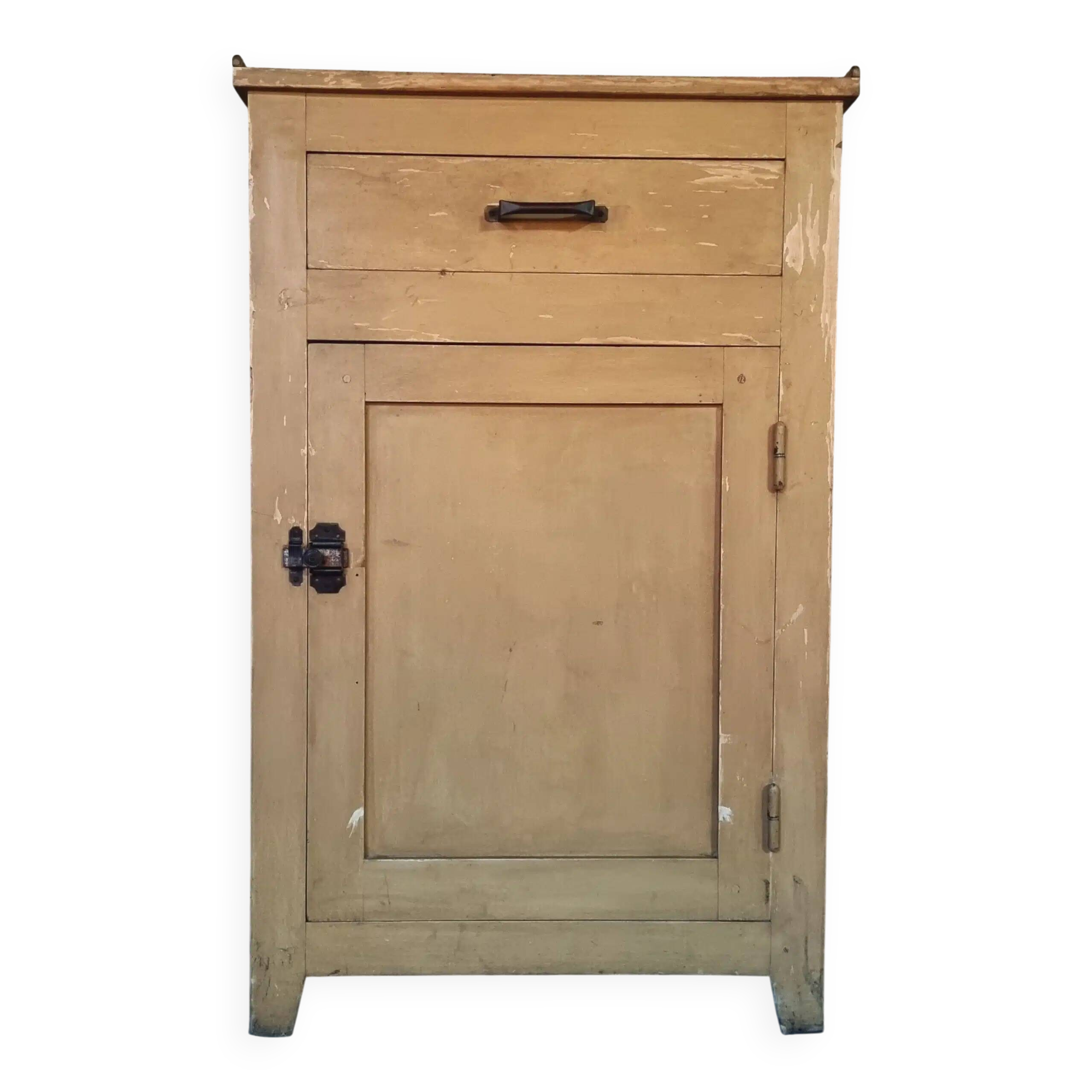 Vintage French Kitchen Work Cabinet - Rustic Painted Pine with Drawer and Cupboard (112 x 70 x 82 cm)